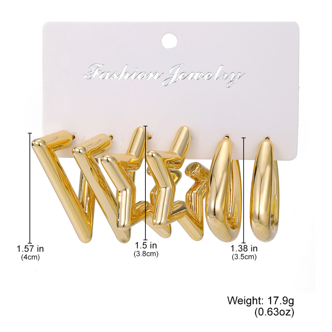 flavouredlove 3 pairs gold plated Simple Style Triangle Star Solid Color Plating Alloy Earrings - FLA1056