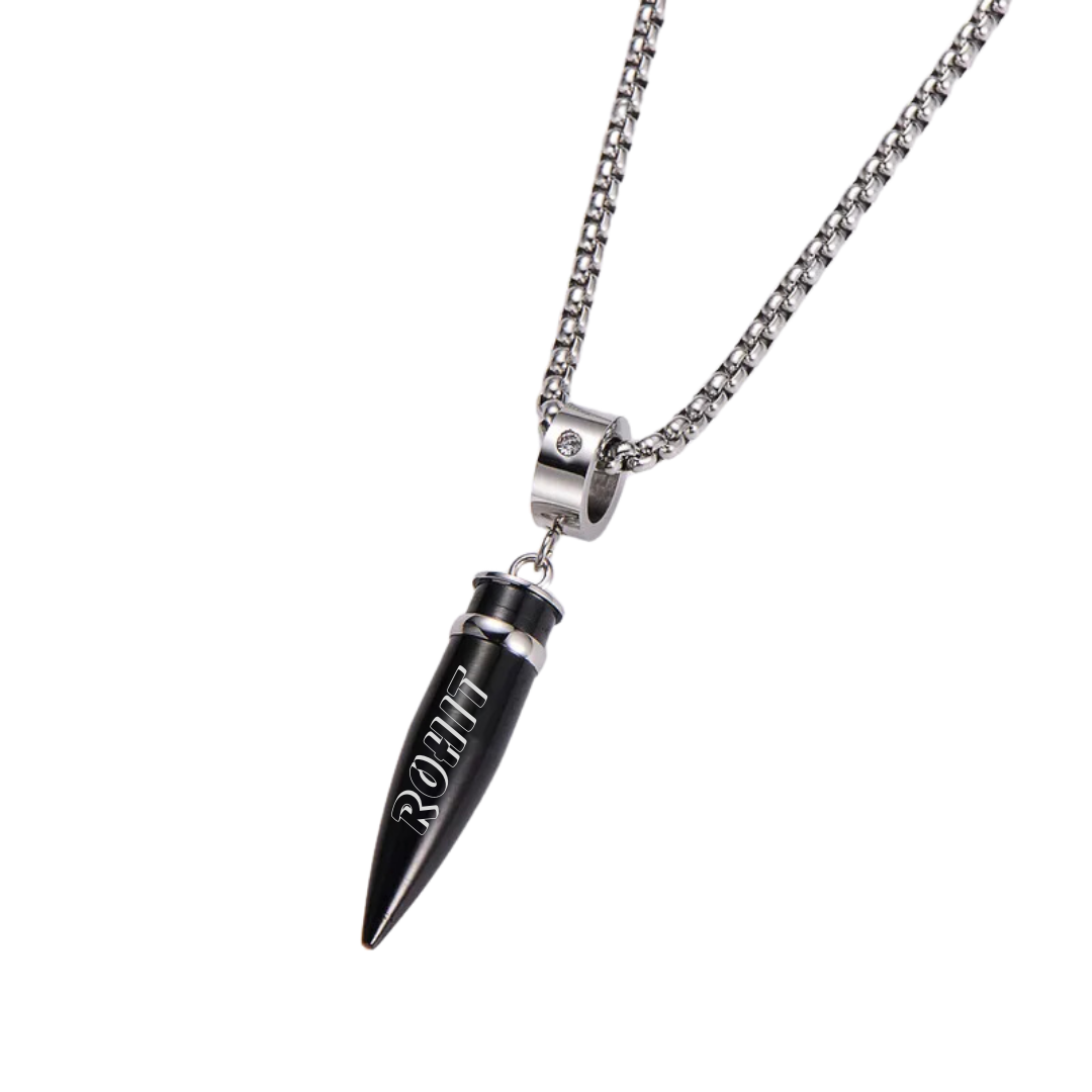 flavouredlove Customized / Personalized Hip-Hop Bullet Stainless Steel Plating Inlay Men's Pentent Necklace - Black - FLA1034