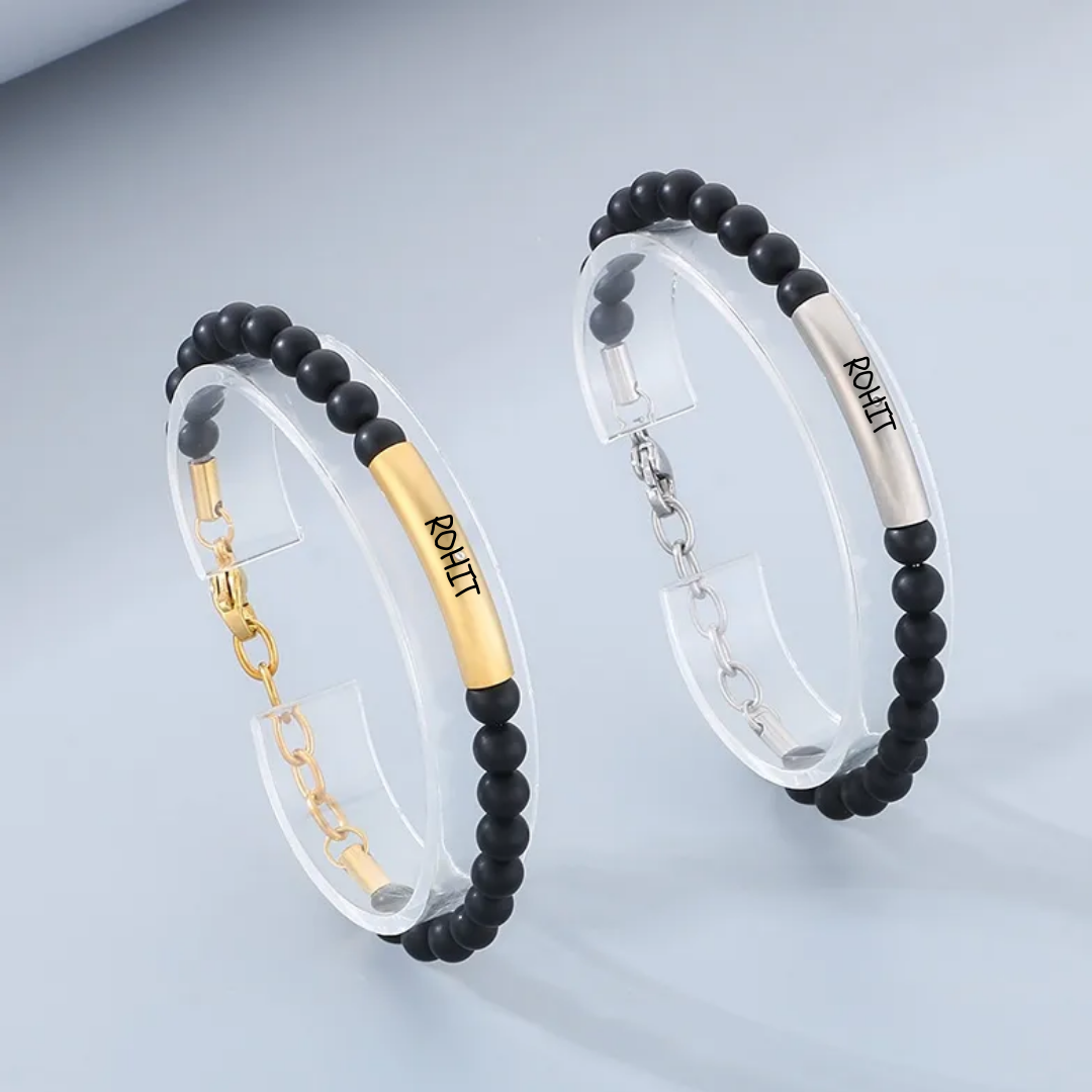 flavouredlove Customized / Personalized Retro Handmade Creative Stainless Steel Elbow Adjustable Couple Beaded Bracelet - Gold Color - FLA1009