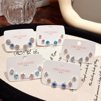 Flash Chinese Stud Earrings Three Pairs, Rich Colors, Suitable for Ear-Caring, Women's All-Match Simple Silver Needle Design