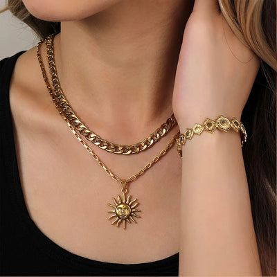 Sun For Jewelry Set in Basic Style Featuring Electroplated Titanium Steel with Unisex Cuban Link Chain Curb Chain