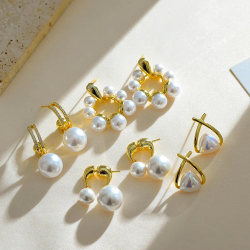 1 Pair Elegant Pearl Copper 18K Gold Plated Ear Studs
