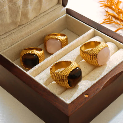 Retro Square Tiger Eye Titanium Steel 18K Gold Plated Pink crystal Tiger Eye Rings In Bulk
