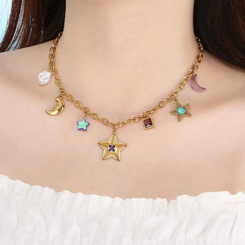 Wholesale Jewelry Modern Style Star Moon Hippocampus 304 Stainless Steel 18K Gold Plated Necklace