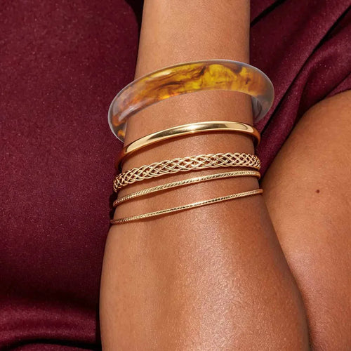 Vintage Style Geometric Beige Resin Bangle for Women with Electroplated Finish
