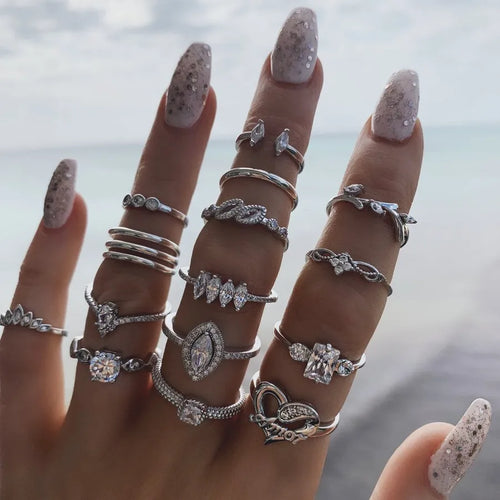 trendy hollow diamond water drop joint open alloy ring 15-piece set