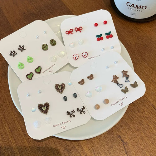 Adorable Bear Six-Piece Set Silver Needle Earrings Women's Miniature Student Ear Jewelry Fruit And Heart Pattern Alloy Ear Rings