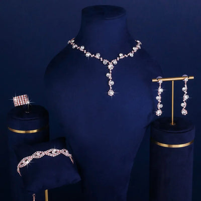 Full Set Diamond Claw Chain Necklace Earrings Women's Style Bridal Jewelry Versatile U-Shaped Copper Chic Floral Plated Jewelry