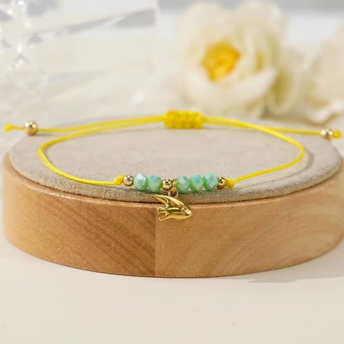 Yellow Rope Woven Bracelet With Fish Pendant And Green Bead Decoration Fashionable Versatile Handmade Jewelry For Women