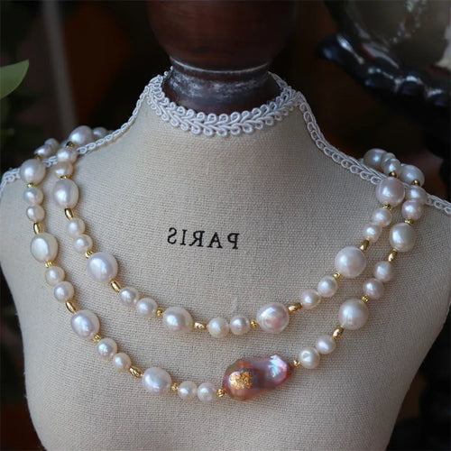 Handmade Baroque Pearl Necklace Design Vintage French Artistic Natural Freshwater Gold Foil Sticker Geometric Pattern Women's Jewelry