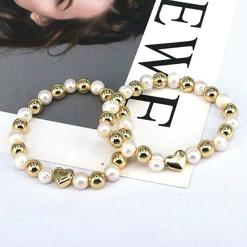 1 piece retro geometric heart shape freshwater pearl shell copper bracelets
