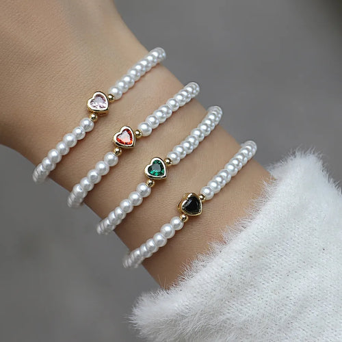 Artificial Pearl Copper Beaded Chain Heart Shape Zircon Bracelets