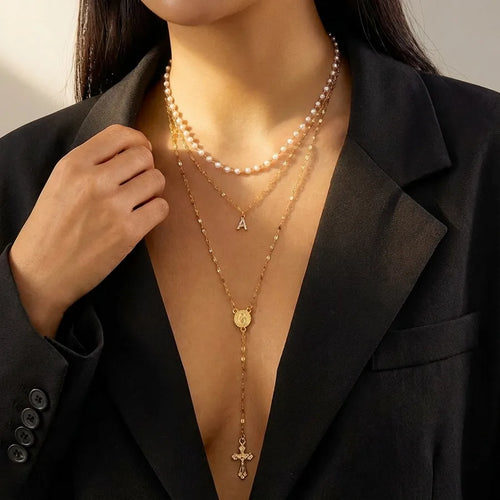 Vintage Multi-layer Pearl Letter Necklace for Women Cross Y-shaped Collarbone Chain Black Alloy Jewelry Accessories
