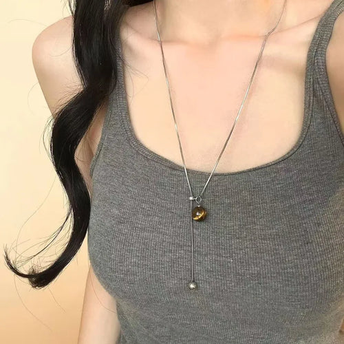 Tassel Necklace for Women, Autumn and Winter Sweatshirt Chain, Tiger Eye Stone Design, Knitted Chain, Geometric Zinc Alloy
