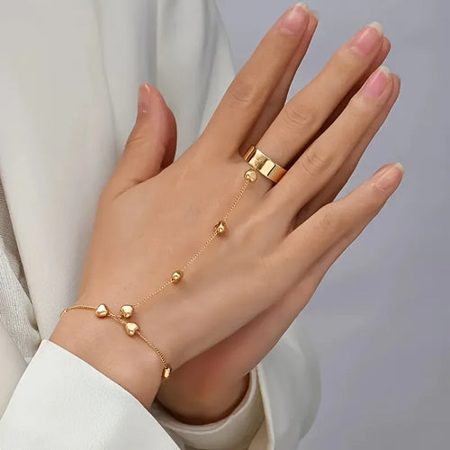 1 Simple Alloy Heart-Shaped Beaded Women's Ring Connected Bracelet, Suitable for Daily Banquet Wedding Party Accessories