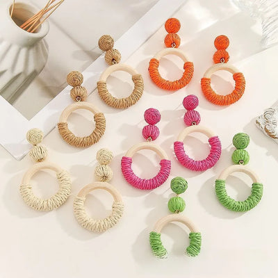 Handmade Round Retro Stud Earrings in Coffer Color with Raffia Material, Featuring 304 Stainless Steel Posts for Women