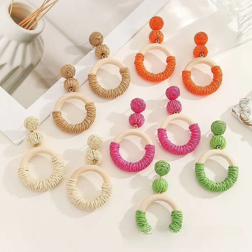 Handmade Round Retro Stud Earrings in Coffer Color with Raffia Material, Featuring 304 Stainless Steel Posts for Women