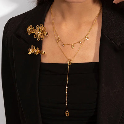 304 Stainless Steel Necklace Pig Nose 18K Gold Plated Jewelry Set