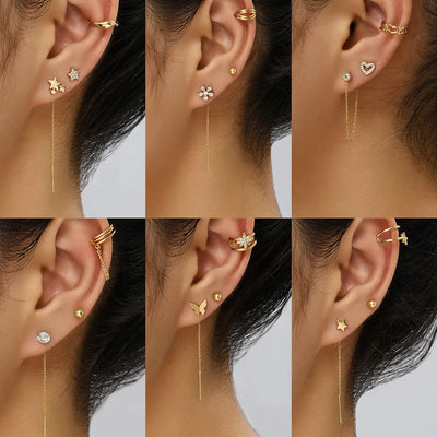 3 Pieces Star Heart Shape Flower Inlay Copper Zircon Drop Earrings