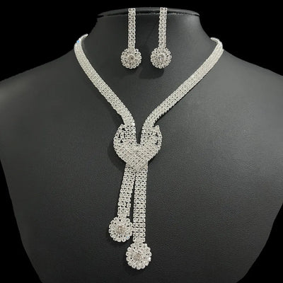 Shiny Bride Jewelry Set  New Full Diamond V-neck Necklace Earrings 2-piece Set Accessories Floral Pattern