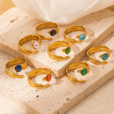 Multi-Color Titanium Steel Feather Ring Set With Natural Stone Vintage Luxury Open Ring Fashionable OL Geometric Diamond Pattern