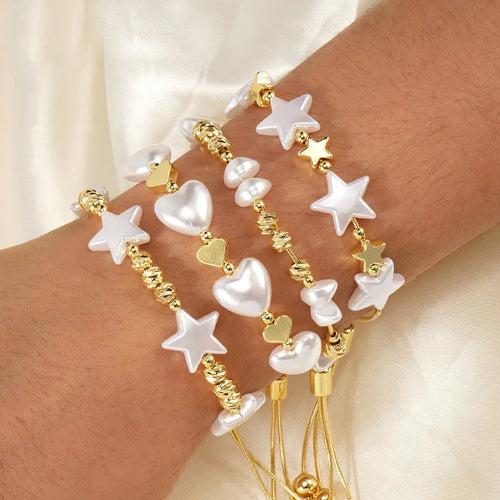 Imitation Pearl Copper Beaded Chain Plating Star Heart Shape Butterfly Drawstring Bracelets
