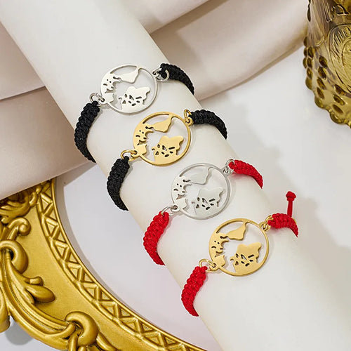 World Map Pendant Bracelet Stainless Steel Red Black Woven Rope Unisex Simple Style Adjustable Clasp Handmade Jewelry Accessory