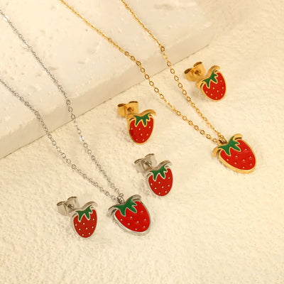 Fashionable Stainless Steel Women's Jewelry Set With Strawberry Oil Drip Cherry Earrings And Necklace Sweet Style Fruit Pattern