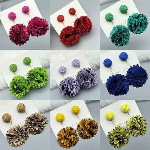 Handmade Retro Rose Red Cloth Flowers Stud Earrings with 925 Sterling Silver Ear Pins for Women