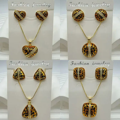 Trendy Hip-Hop Copper Water Plated Micro Inlaid Zircon Colorful Oil Drop Leopard Heart Round Geometric Earrings Necklace Jewelry Set