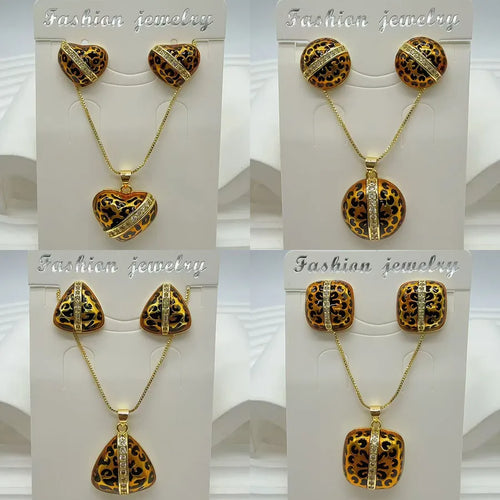 Trendy Hip-Hop Copper Water Plated Micro Inlaid Zircon Colorful Oil Drop Leopard Heart Round Geometric Earrings Necklace Jewelry Set