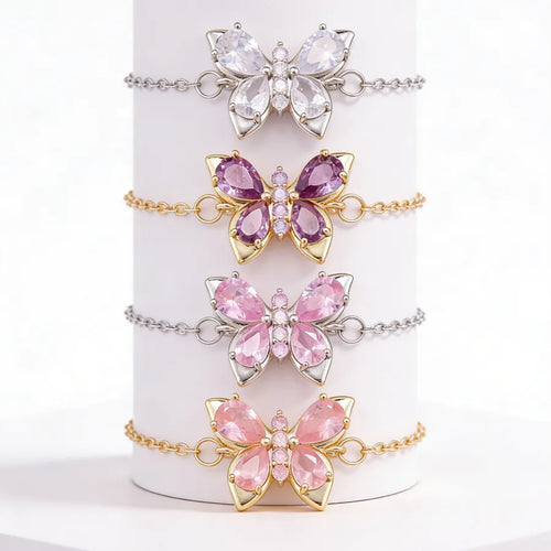 Butterfly Claw Setting Bracelet for Women in Golden Plated Copper with Zircon Inlay and Water Plating on Cable Chain