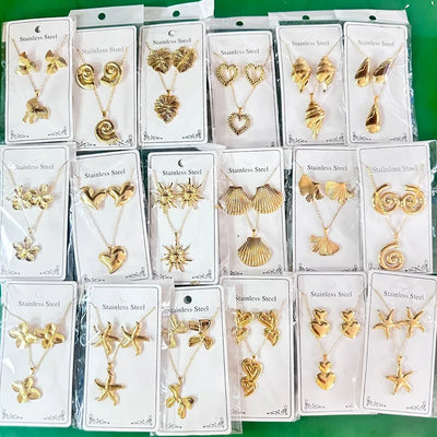 New Vintage Court Stainless Steel Gold Plated Jewelry Set Ocean Pattern Earrings Necklace Non Fading Luxury Style For Women