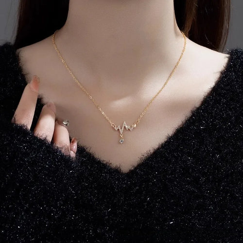 Electrocardiogram Necklace for Women with Alloy Pendant, Titanium Steel Electroplated Finish, Zircon Inlay, and Cable Chain