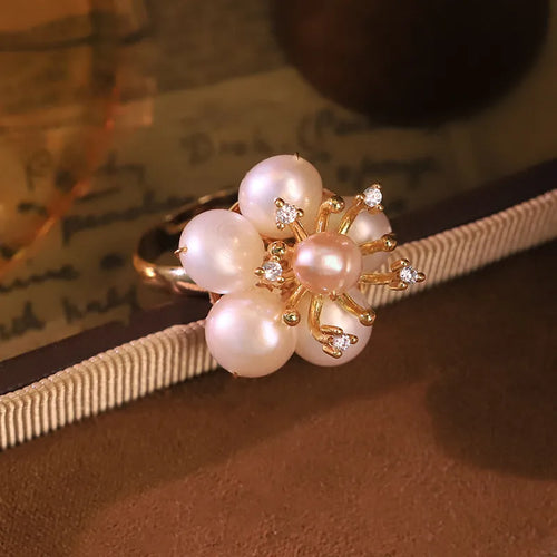 Handmade Flowers Ring for Women Featuring Freshwater Pearl and Zircon, 18K Real Gold Plated with 0.03µm Thickness