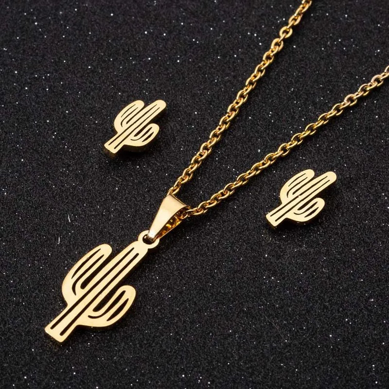 Wholesale Jewelry Fashion Cactus 201 Stainless Steel 18K Gold Plated Jewelry Set