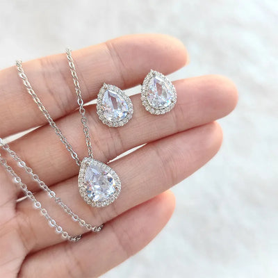simple style water droplets copper plating inlay zircon women's earrings necklace