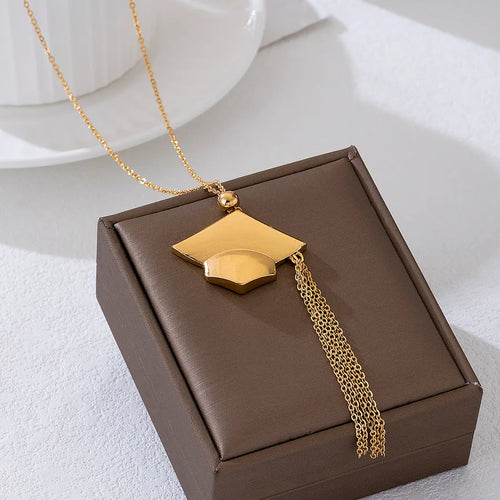 Doctoral Cap Necklace for Women with Golden Plated Zinc Alloy Tassel Pendant on Cable Chain