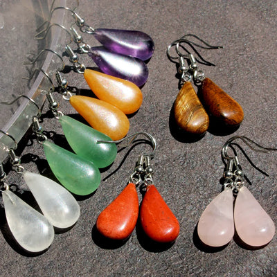 Natural Stone Flat Water Drop Earrings for Women Pink Crystal Agate Green Dongling Jade Tiger Eye Stone Semi-Precious Stone Earrings Handmade