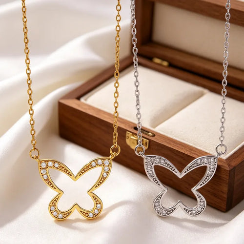 Unisex Butterfly Necklace with Waterproof Non Tarnish Copper, 18K Real Gold Plated PVD Coated and Zircon Inlay