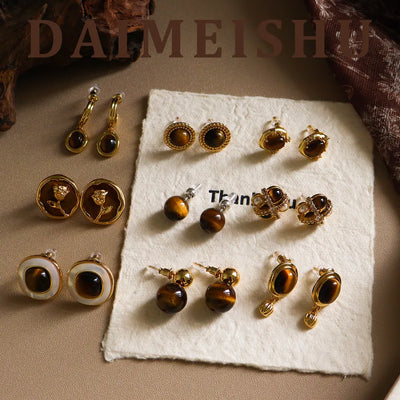 Elegant French Vintage Tiger Eye Stone Earrings Versatile Luxury Feel Mid-Century Design Geometric Pattern 925 Silver Studs For Women