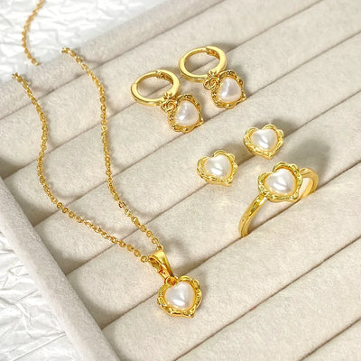 Wholesale Jewelry Elegant Heart Shape Baroque Pearls Copper Pearl K Gold Plated White Gold Plated cable chain Rings Necklace