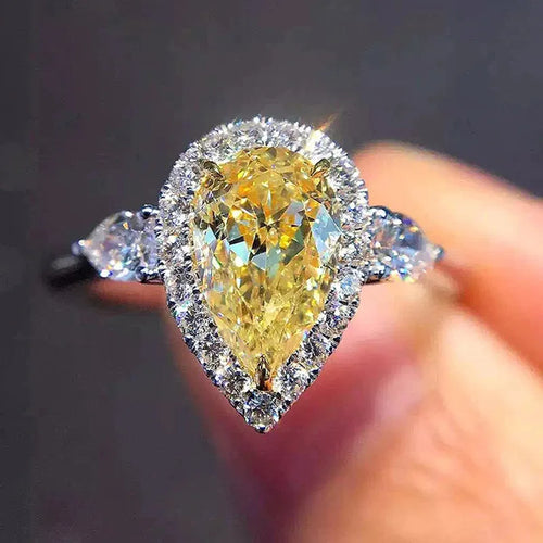 simple yellow water drop pear-shaped zircon ring copper ring