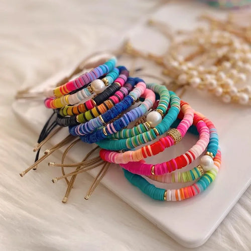 vacation colorful freshwater pearl soft clay beaded knitting plating bracelets