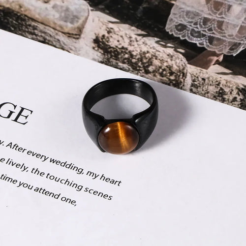 Round Men's Ring with Tiger Eye in Gun Black Plated Finish, Black Color, Perfect for Winter