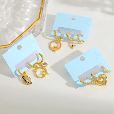 18K Gold Plated Copper Heart Star Pendant Earrings Set Zircon Embedded Fake Pearl Fashion Jewelry For Women Casual Daily Use