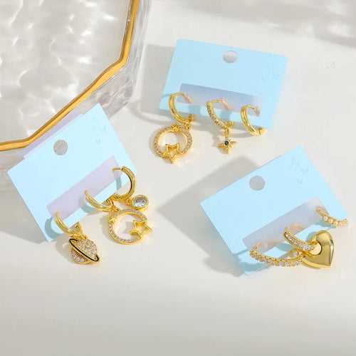 18K Gold Plated Copper Heart Star Pendant Earrings Set Zircon Embedded Fake Pearl Fashion Jewelry For Women Casual Daily Use