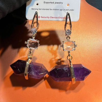 Natural Stone Earrings Amethyst Simple European Style Copper Inlaid Zircon Creative Vintage Fashion Jewelry Accessories