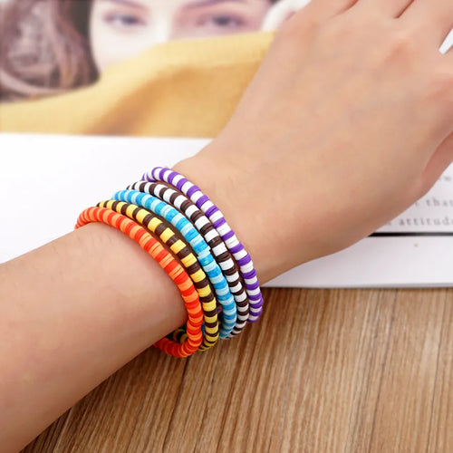 Handmade Round Soft Clay Bracelets with Beaded Chain Featuring Elastic String for Unisex Wear