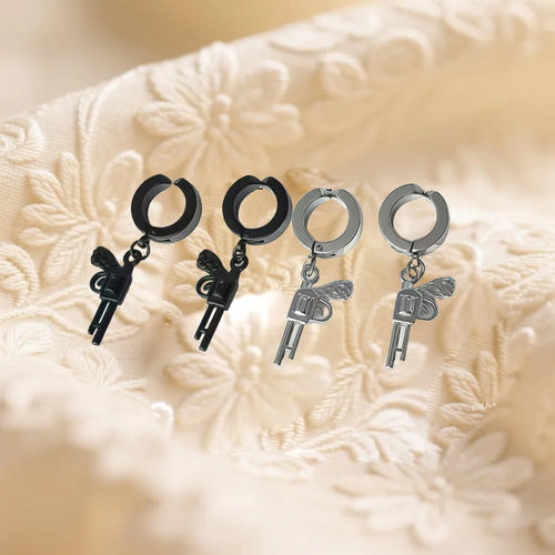 Pair of Hip-Hop Style Pistol-Shaped 304 Stainless Steel Alloy Unisex Ear Clips with Gunmetal Black Pendant for Daily Wear